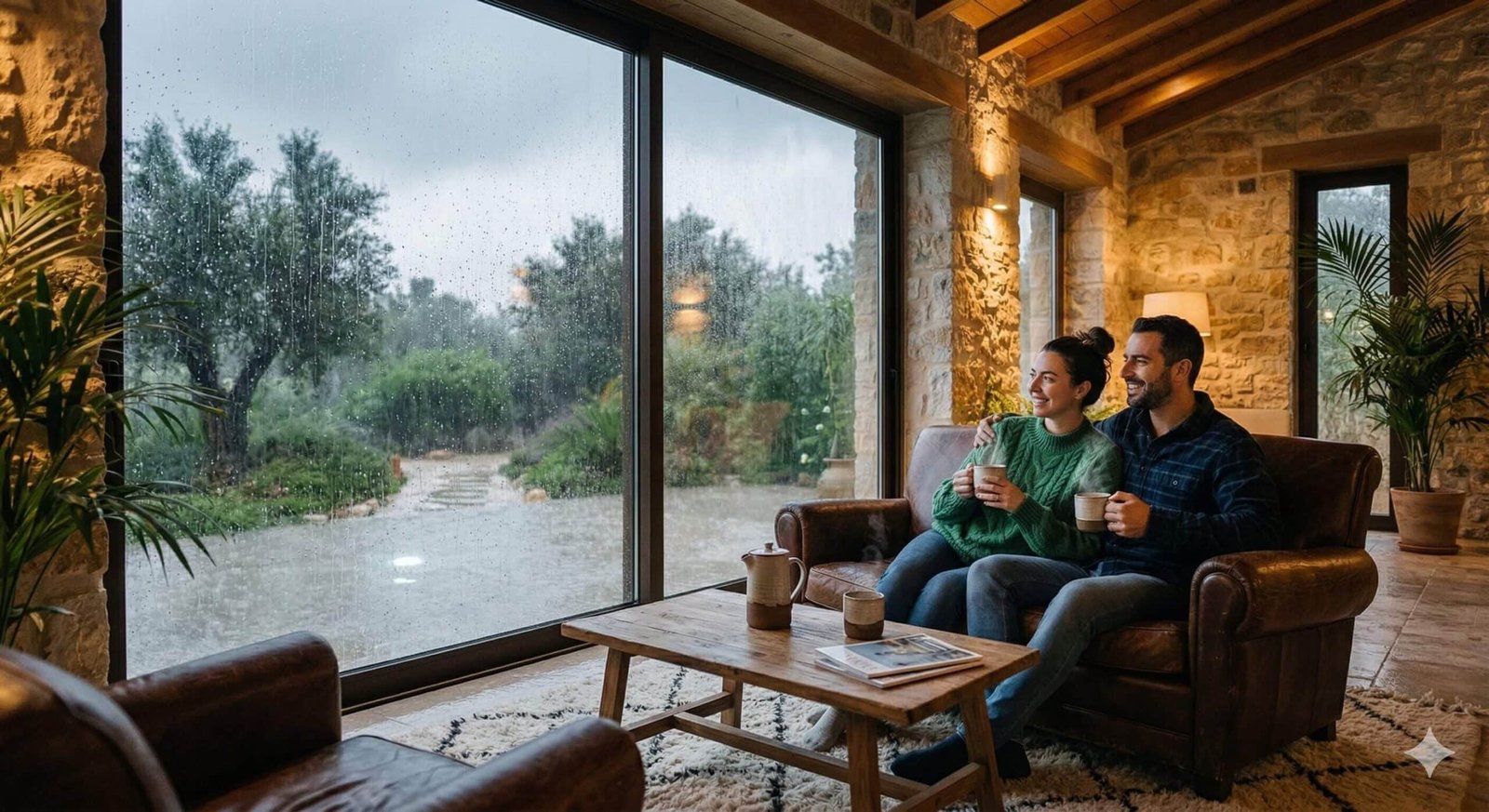 זוג שותה קפה בחורף בוילה